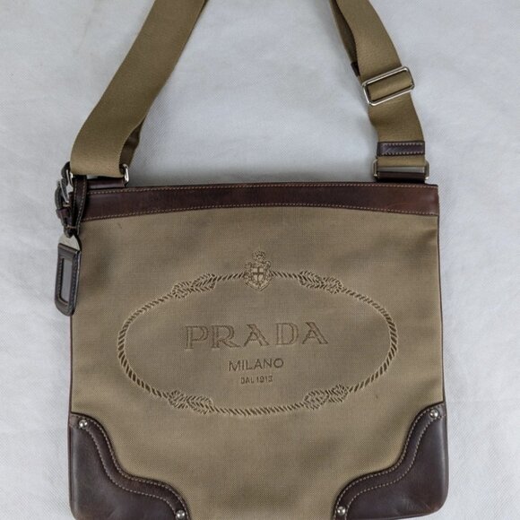 Prada Jacquard Logo Shoulder Bag Leather Canvas Brown Used Authentic F/Shipping - Picture 1 of 13